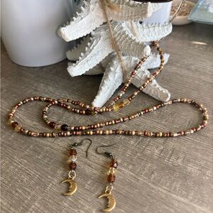 Elegant Beaded eyeglass Necklace and Earring Set with Gold Moon Charms